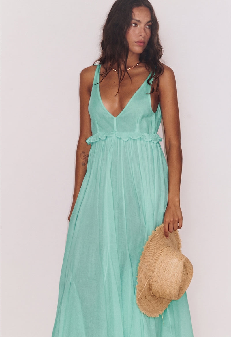 Robe longue Gaia céladon Stella Forest en voile de coton, silhouette fluide bohème chic