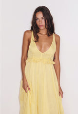 Robe longue Gaia citron Stella Forest en voile de coton, silhouette fluide bohème chic avec coupe longue aérienne
